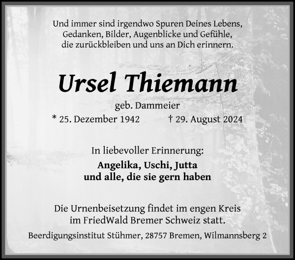 Traueranzeige von Ursel Thiemann von Die Norddeutsche