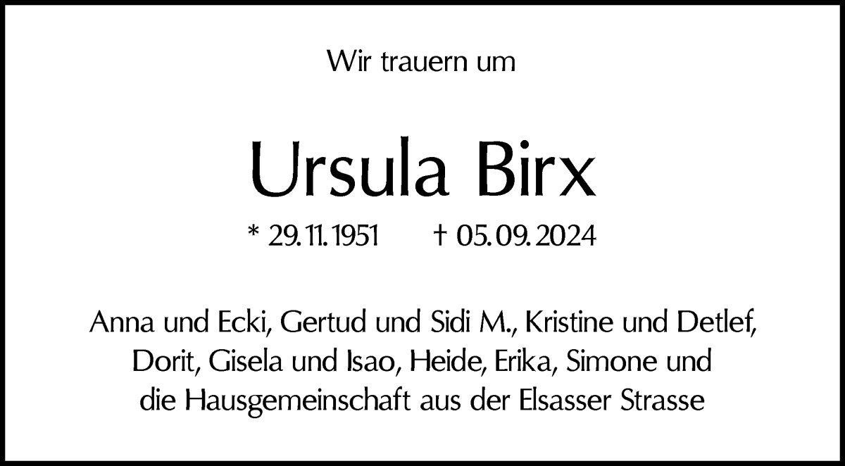  Traueranzeige für Ursula Birx vom 14.09.2024 aus WESER-KURIER