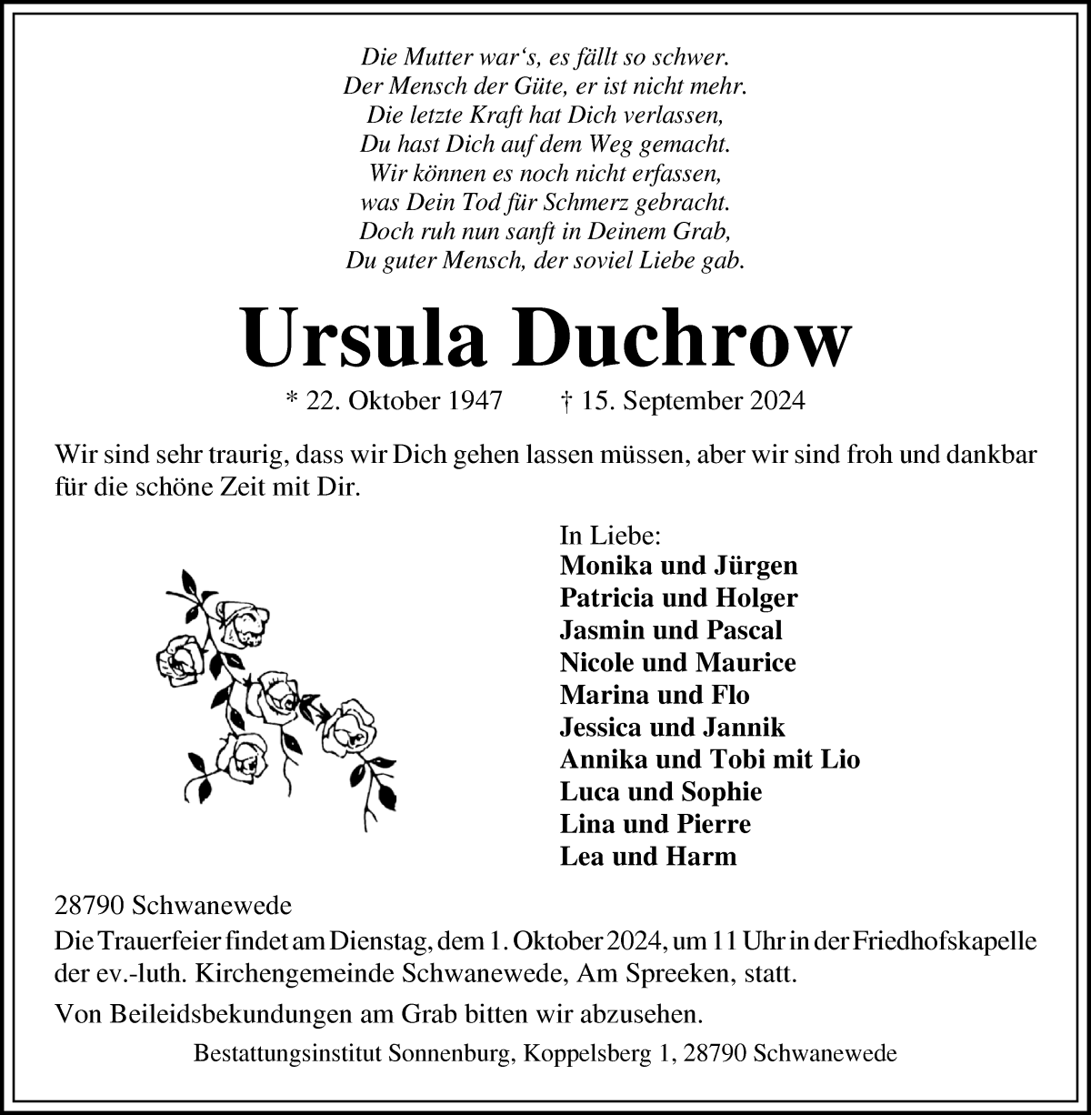 Traueranzeige von Ursula Duchrow von Die Norddeutsche