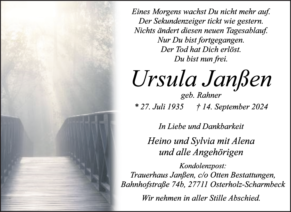 Traueranzeige von Ursula Janßen von Osterholzer Kreisblatt