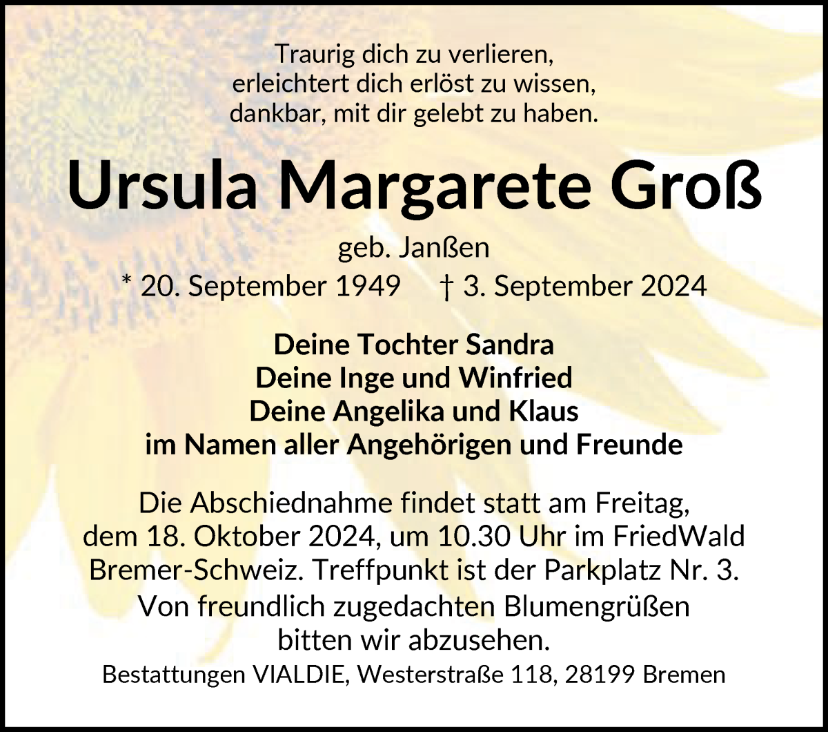 Traueranzeige von Ursula Margarete Groß von WESER-KURIER