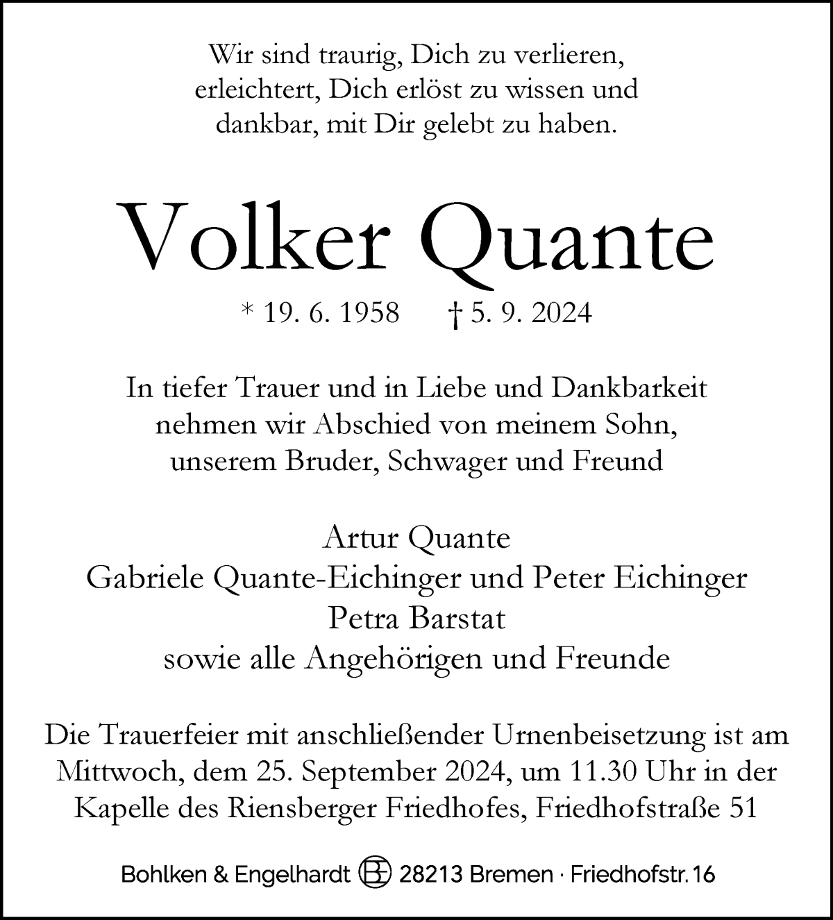 Traueranzeige von Volker Quante von WESER-KURIER