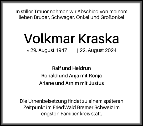 Traueranzeige von Volkmar Kraska von Die Norddeutsche