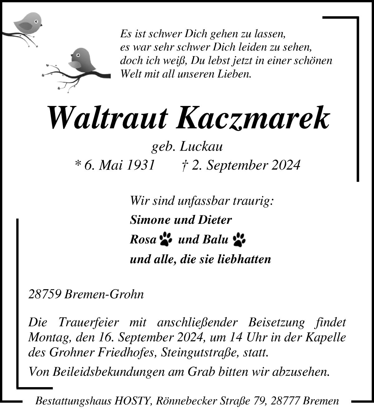 Traueranzeige von Waltraut Kaczmarek von Die Norddeutsche