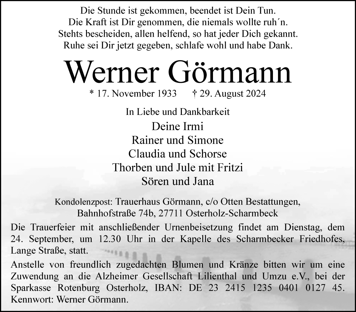 Traueranzeige von Werner Görmann von Osterholzer Kreisblatt