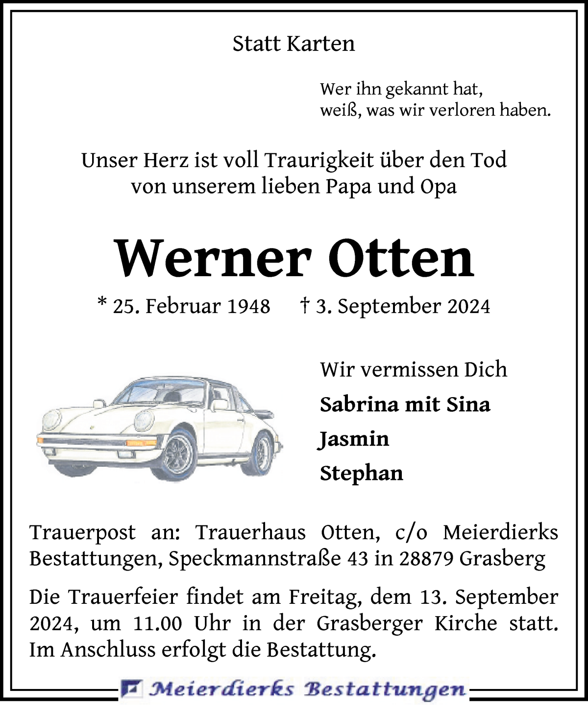 Traueranzeige von Werner Otten von Wuemme Zeitung