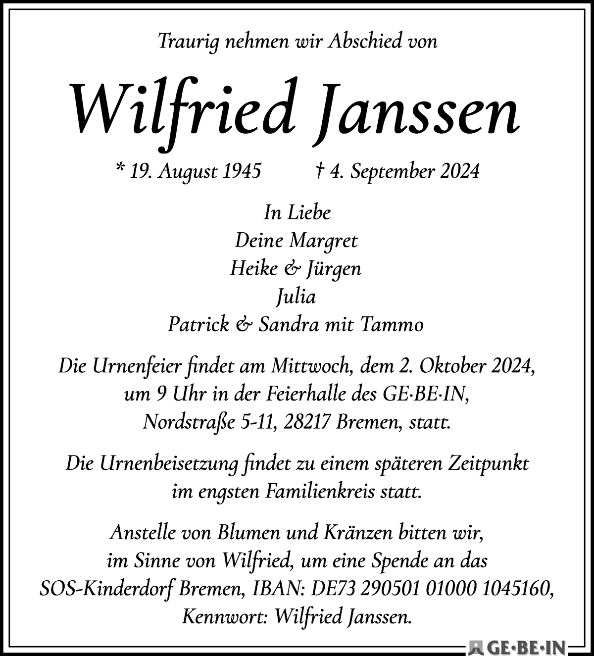 Traueranzeige von Wilfried Janssen von WESER-KURIER