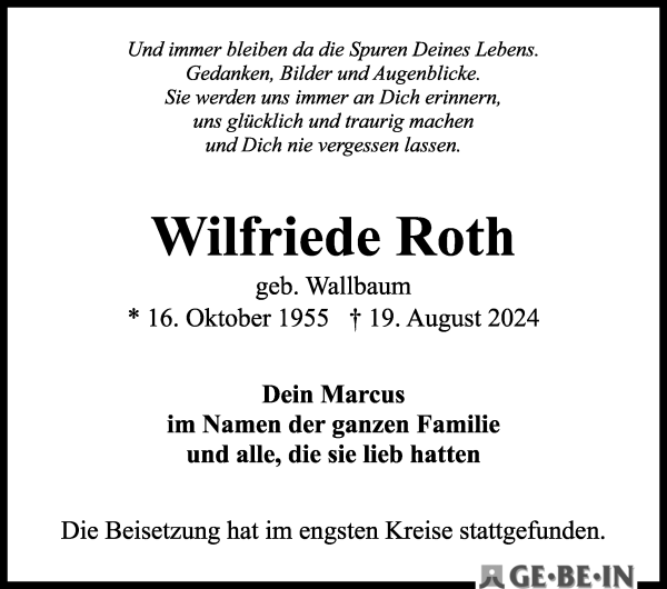 Traueranzeige von Wilfriede Roth von Achimer Kurier/Verdener Nachrichten