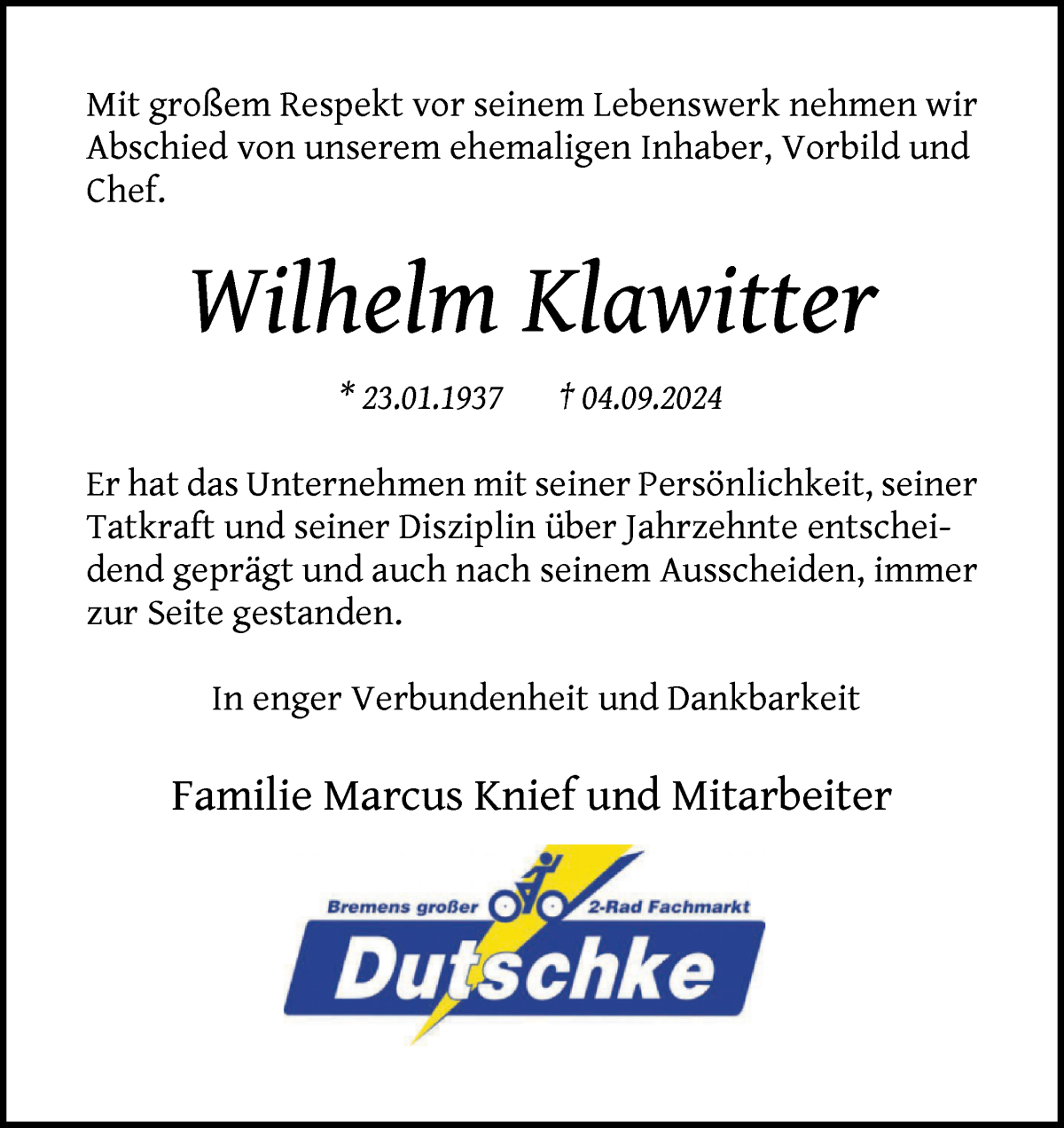 Traueranzeige von Wilhelm Klawitter von WESER-KURIER