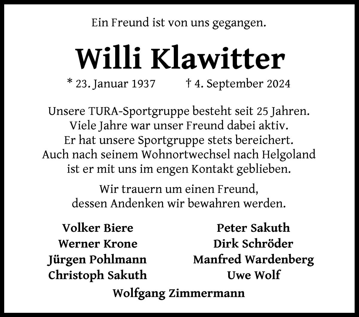 Traueranzeige von Willi Klawitter von WESER-KURIER