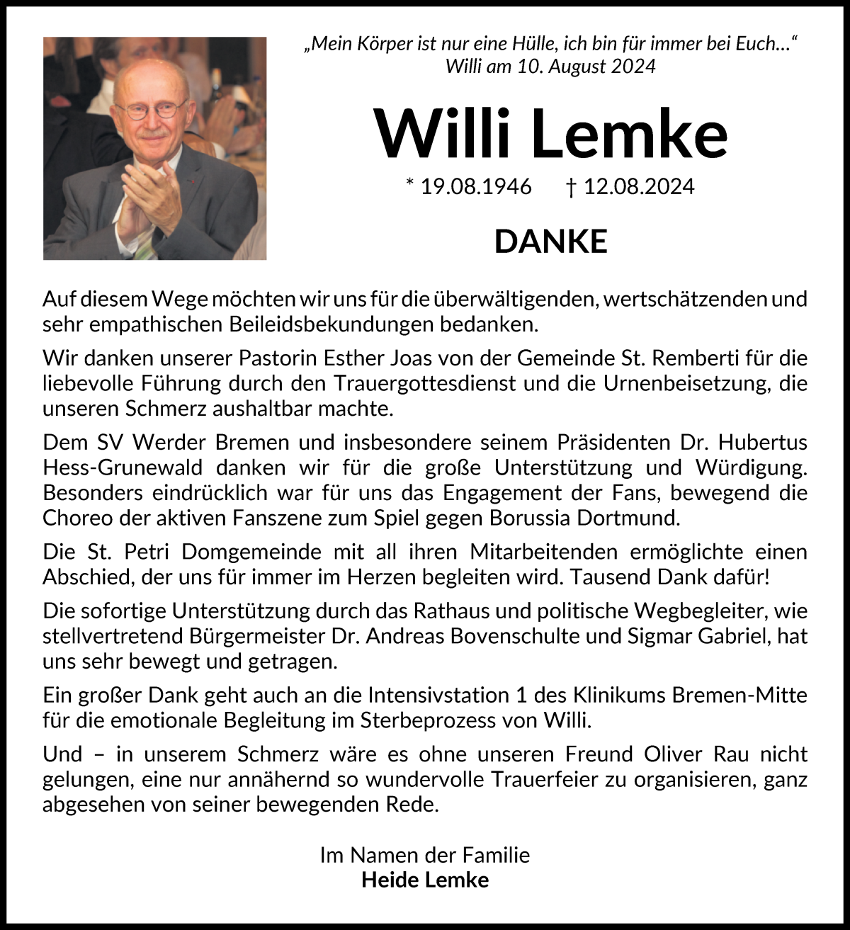 Traueranzeige von Willi Lemke von WESER-KURIER