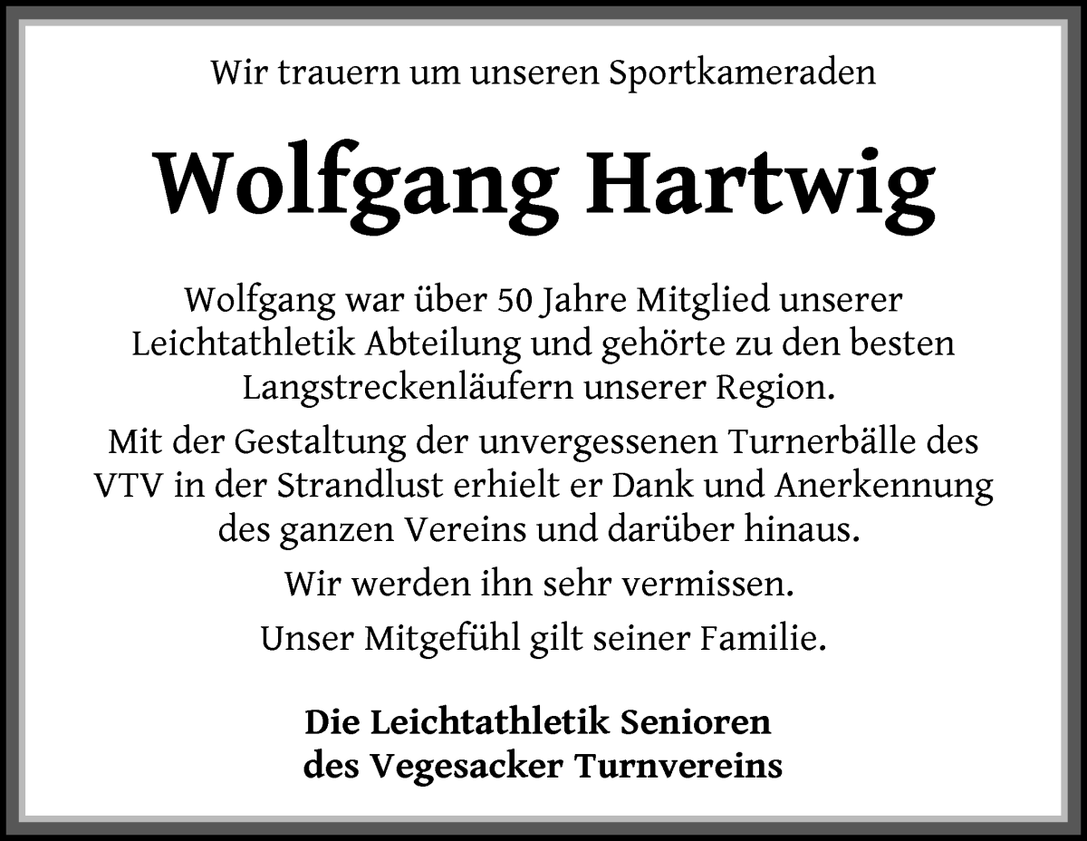 Traueranzeige von Wolfgang Hartwig von Die Norddeutsche