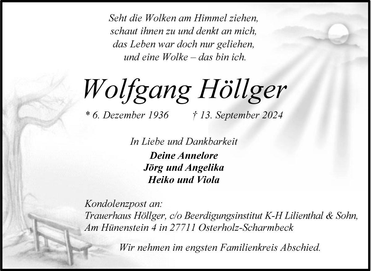 Traueranzeige von Wolfgang Höllger von Osterholzer Kreisblatt