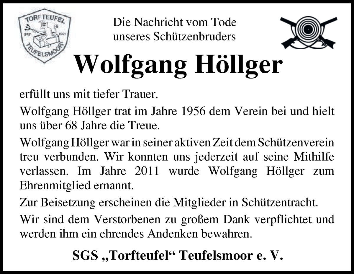 Traueranzeige von Wolfgang Höllger von Osterholzer Kreisblatt