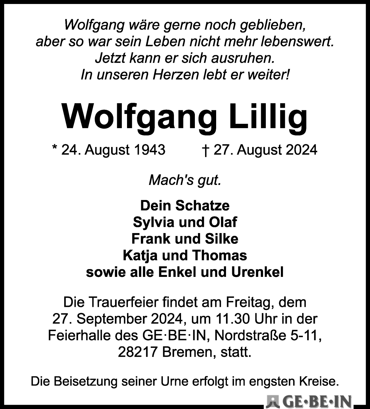  Traueranzeige für Wolfgang Lillig vom 14.09.2024 aus WESER-KURIER