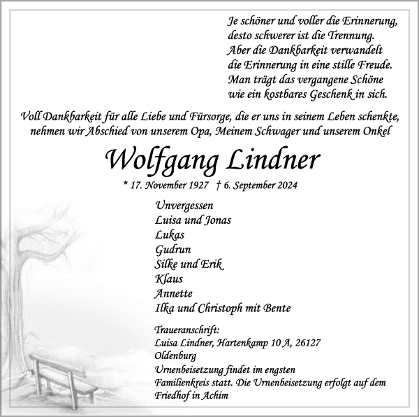 Traueranzeige von Wolfgang Lindner von WESER-KURIER