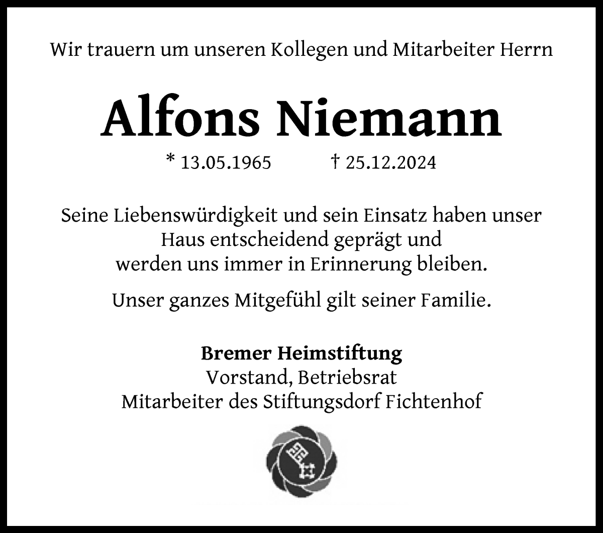 Traueranzeige von Alfons Niemann von WESER-KURIER