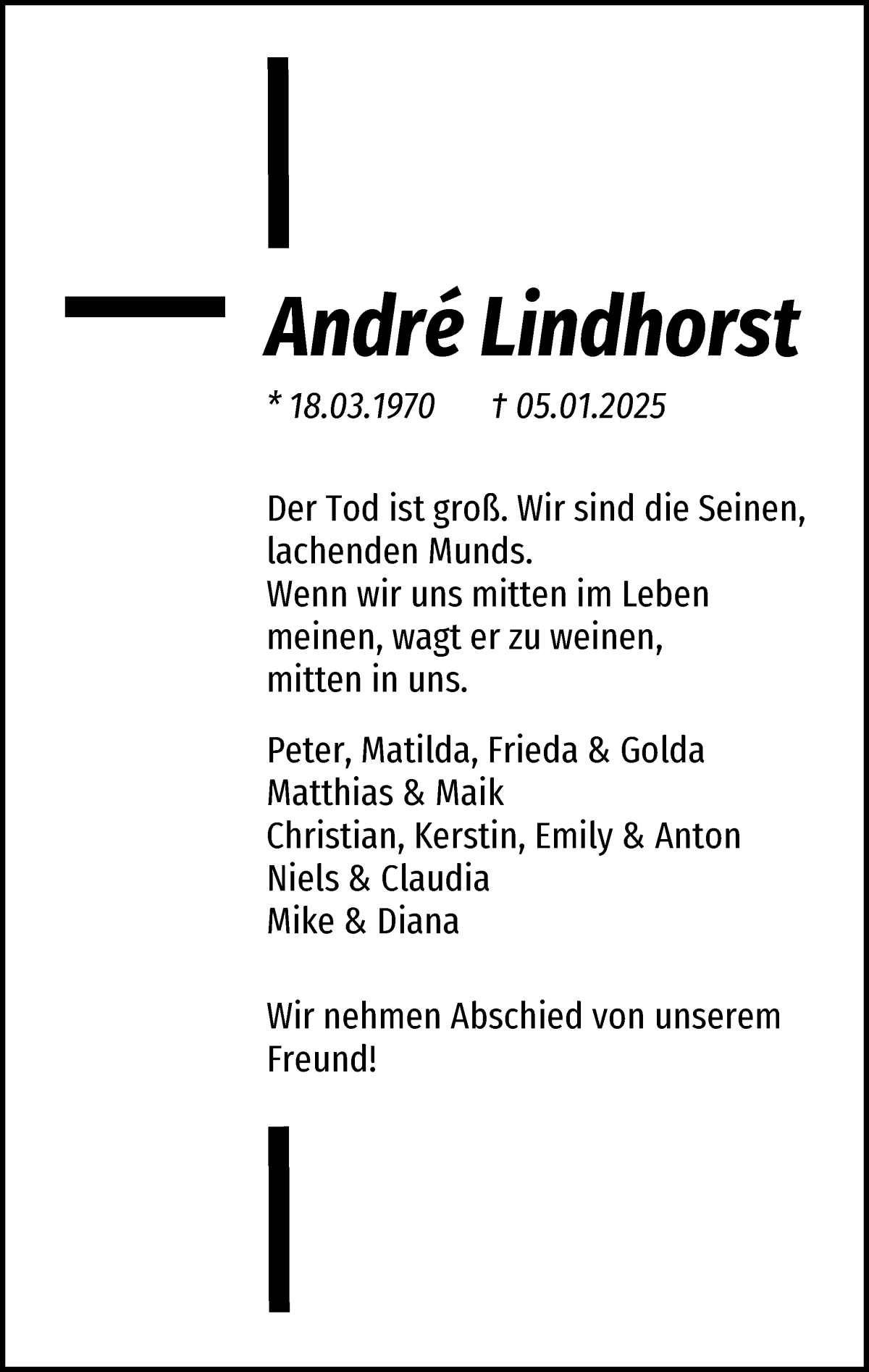 Traueranzeige von Andre Lindhorst von WESER-KURIER