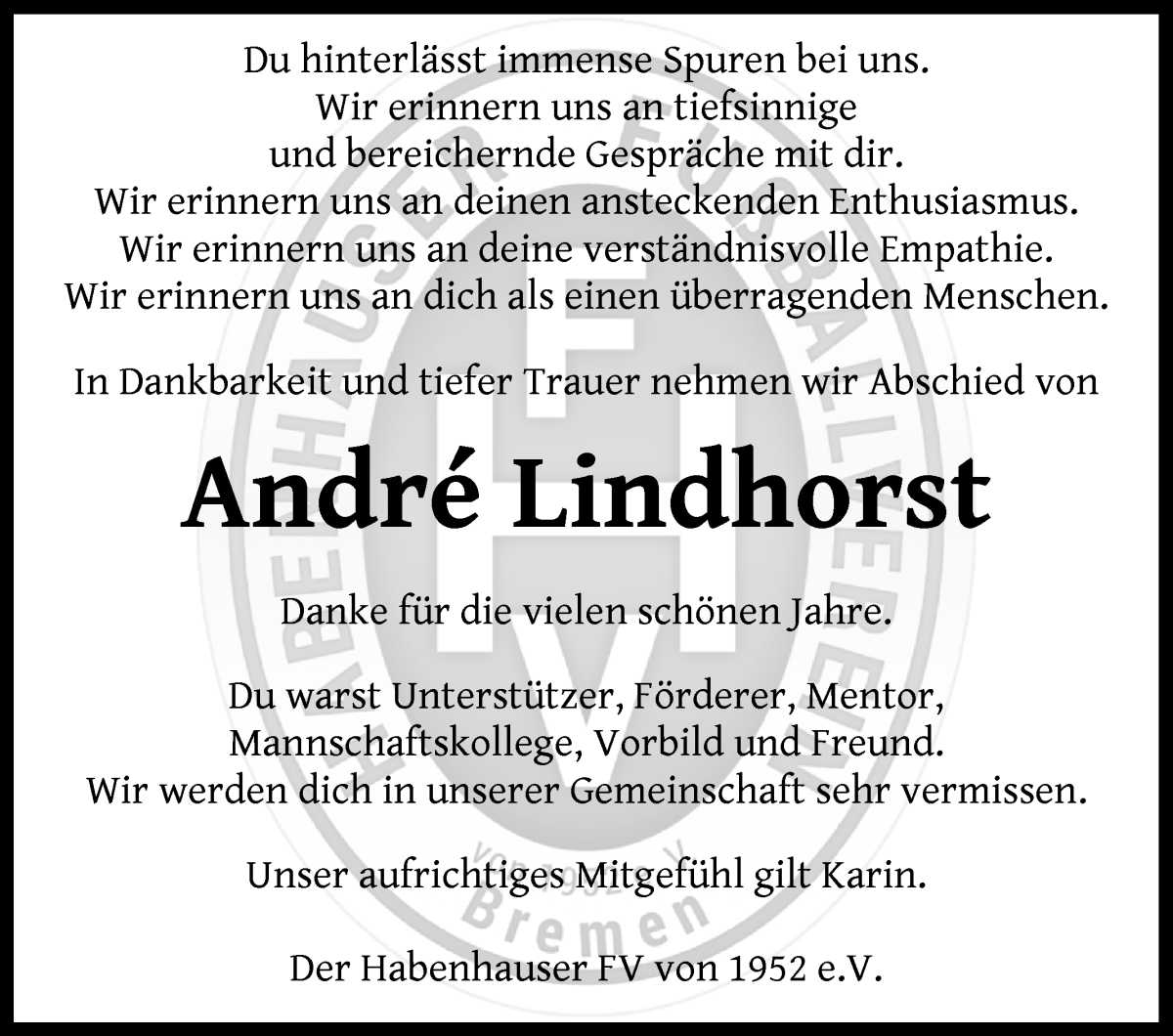 Traueranzeige von Andre Lindhorst von WESER-KURIER