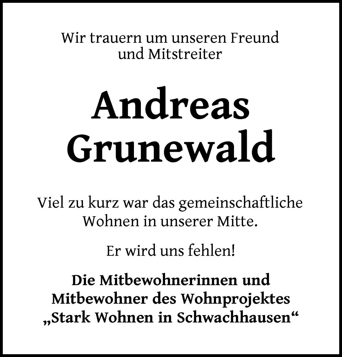 Traueranzeige von Andreas Grunewald von WESER-KURIER