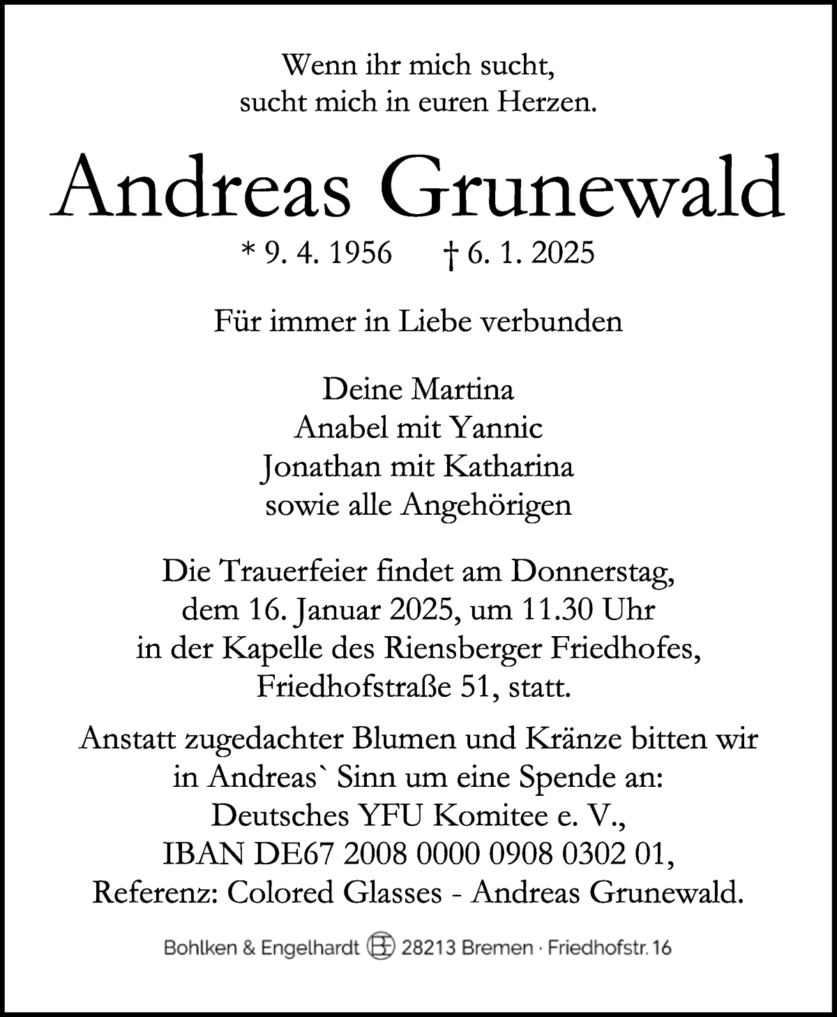 Traueranzeige von Andreas Grunewald von WESER-KURIER