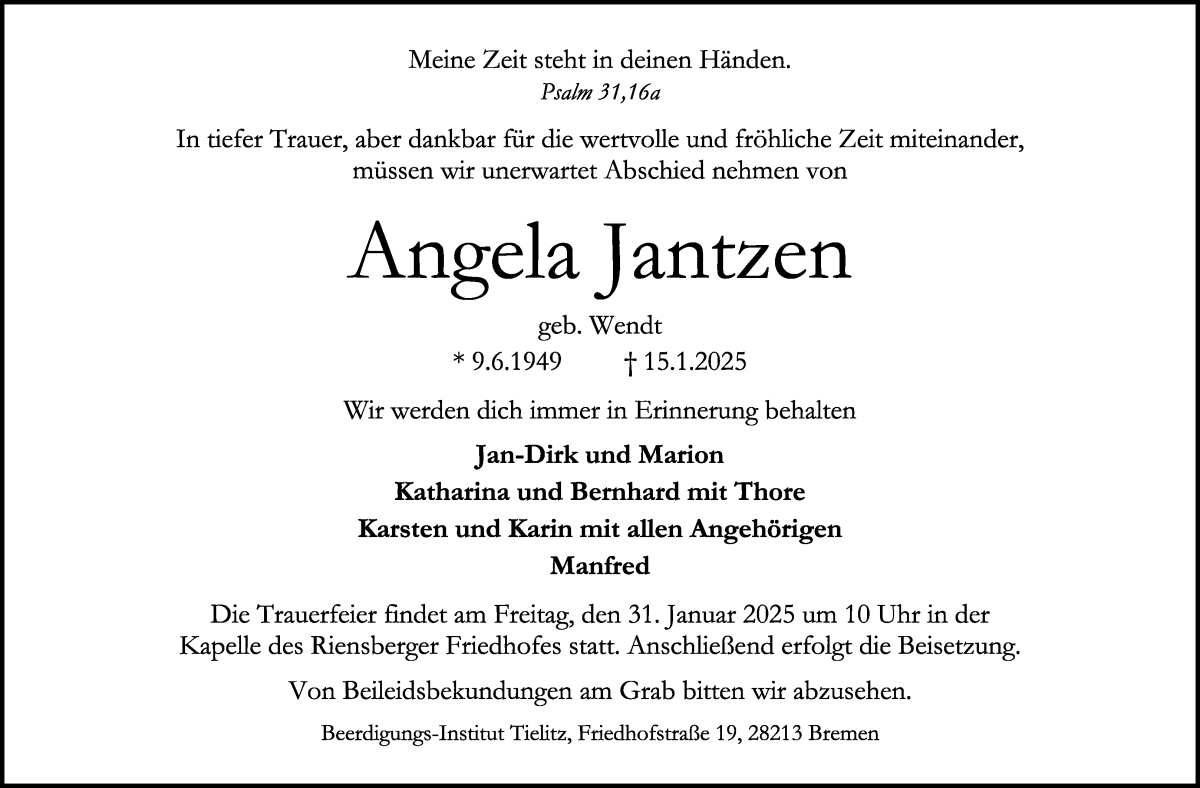 Traueranzeige von Angela Jantzen von WESER-KURIER