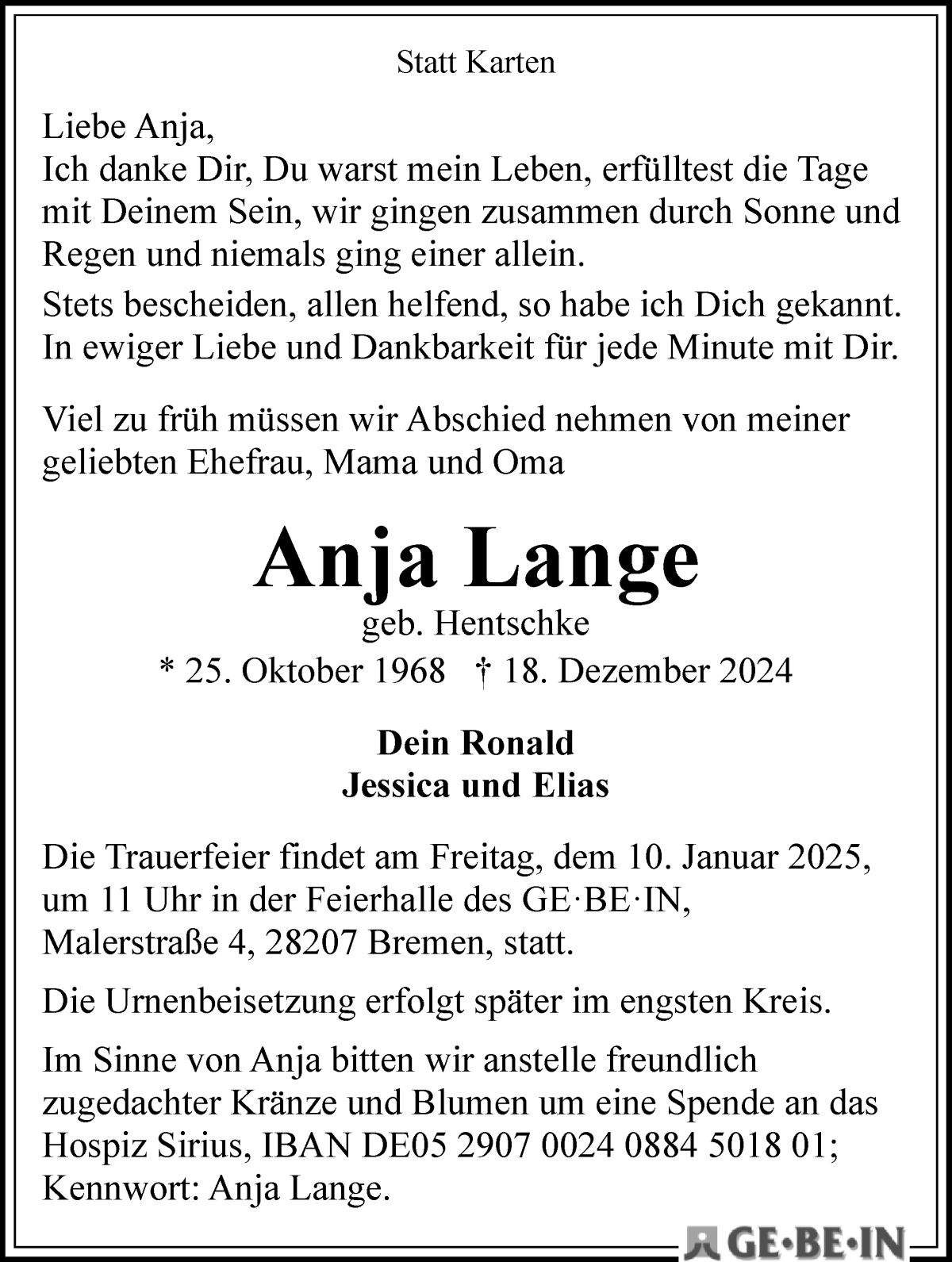  Traueranzeige für Anja Lange vom 04.01.2025 aus WESER-KURIER