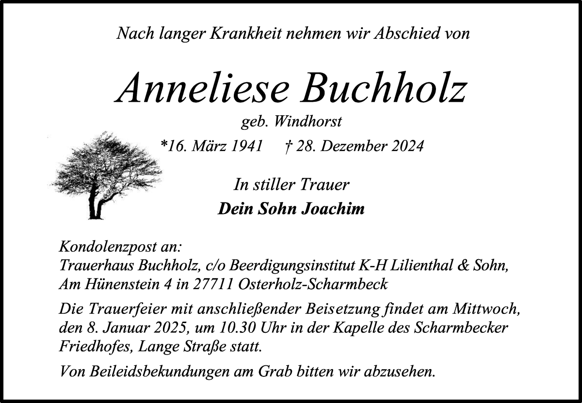 Traueranzeige von Anneliese Buchholz von Osterholzer Kreisblatt