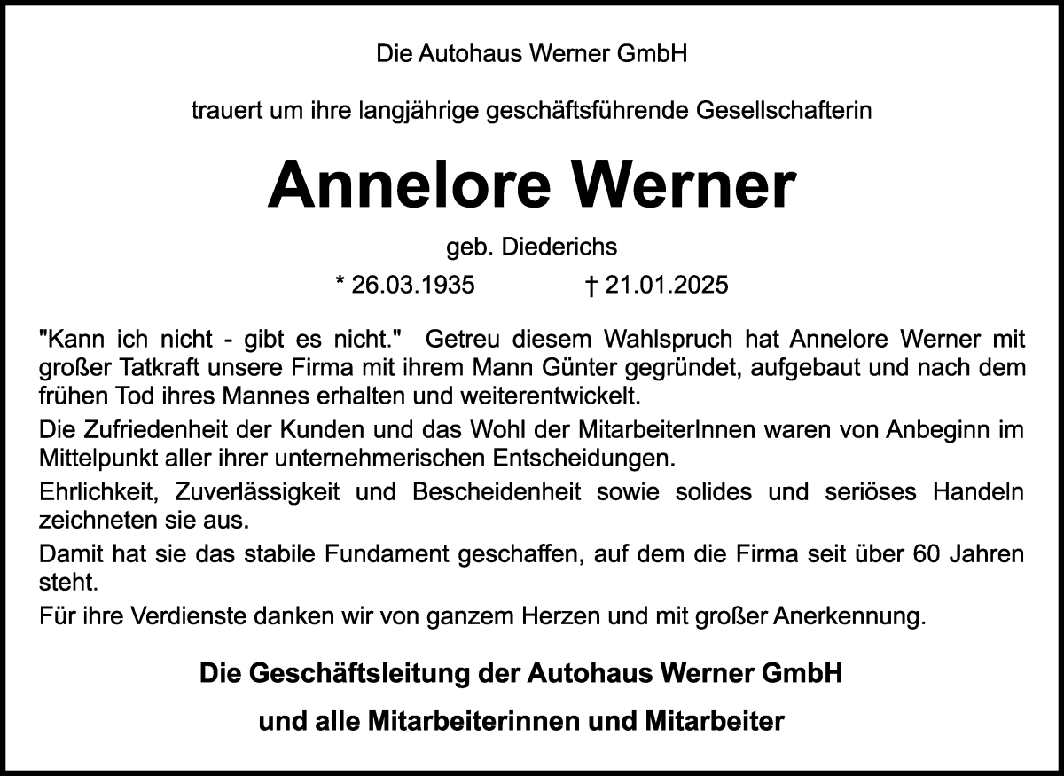 Traueranzeige von Annelore Werner von WESER-KURIER