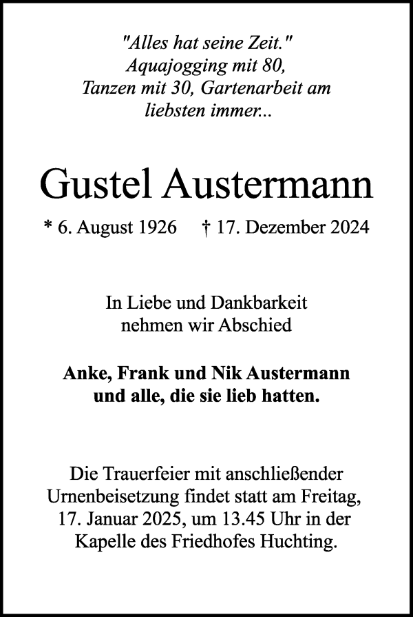 Traueranzeige von Auguste Gustel Austermann von WESER-KURIER