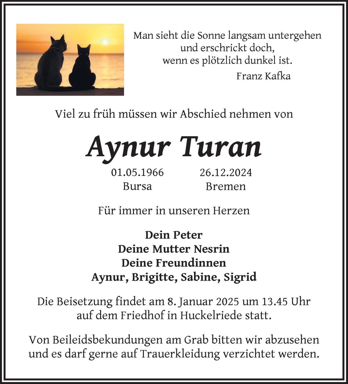 Traueranzeige von Aynur Turan von WESER-KURIER