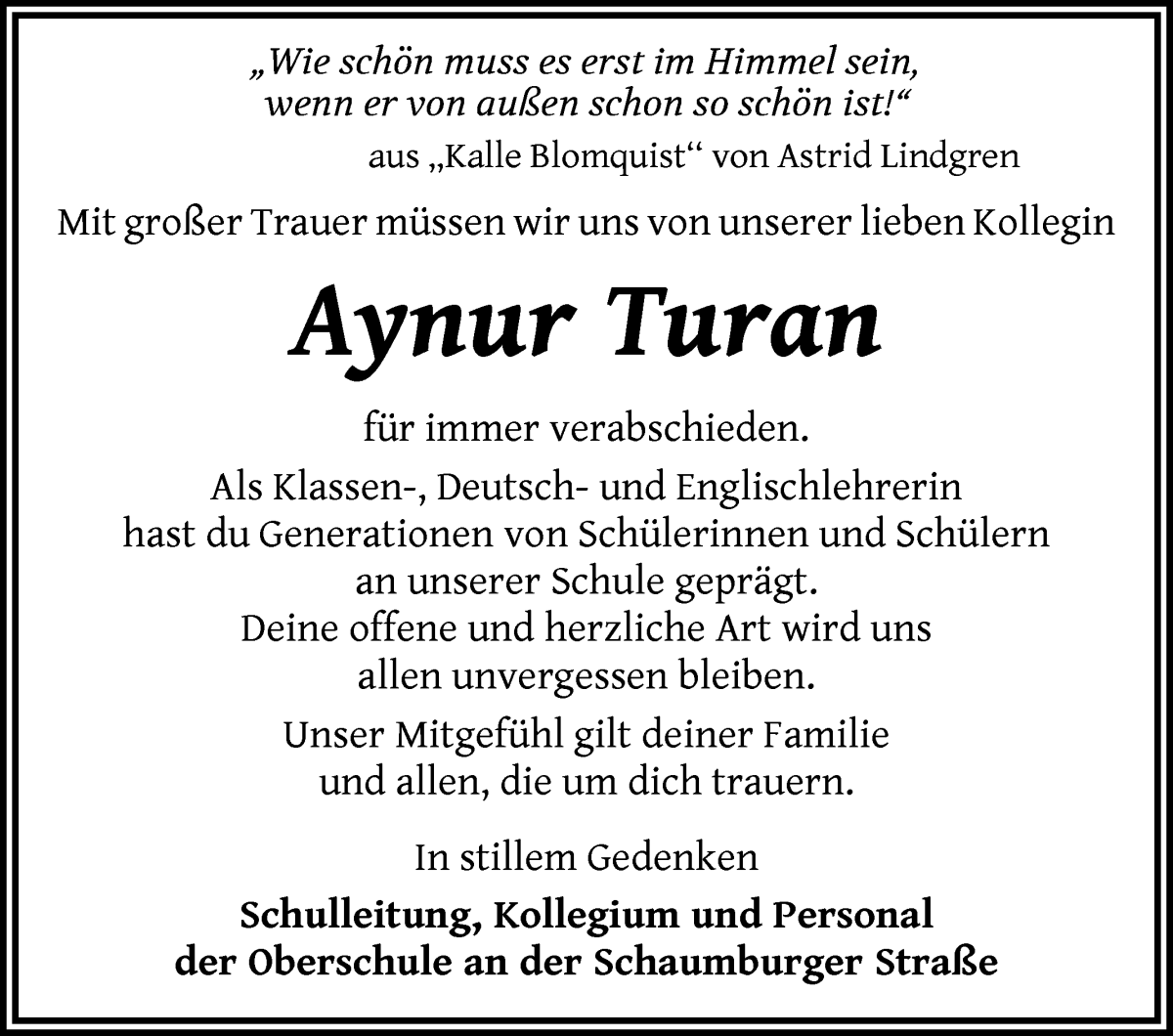 Traueranzeige von Aynur Turan von WESER-KURIER