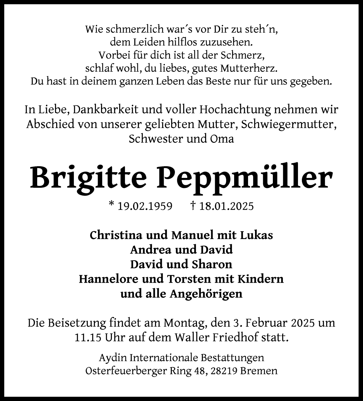 Traueranzeige von Brigitte Peppmüller von WESER-KURIER