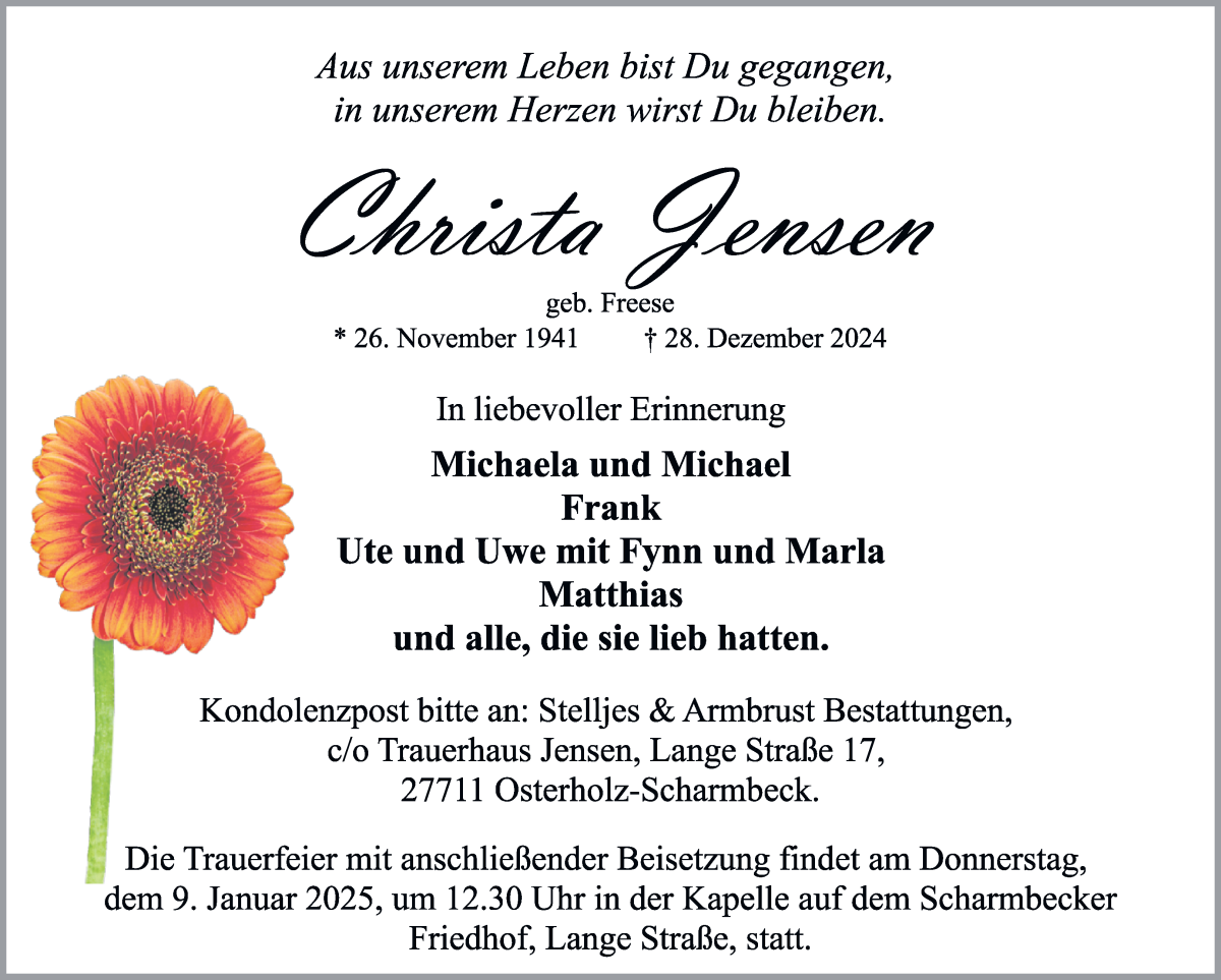 Traueranzeige von Christa Jensen von Osterholzer Kreisblatt