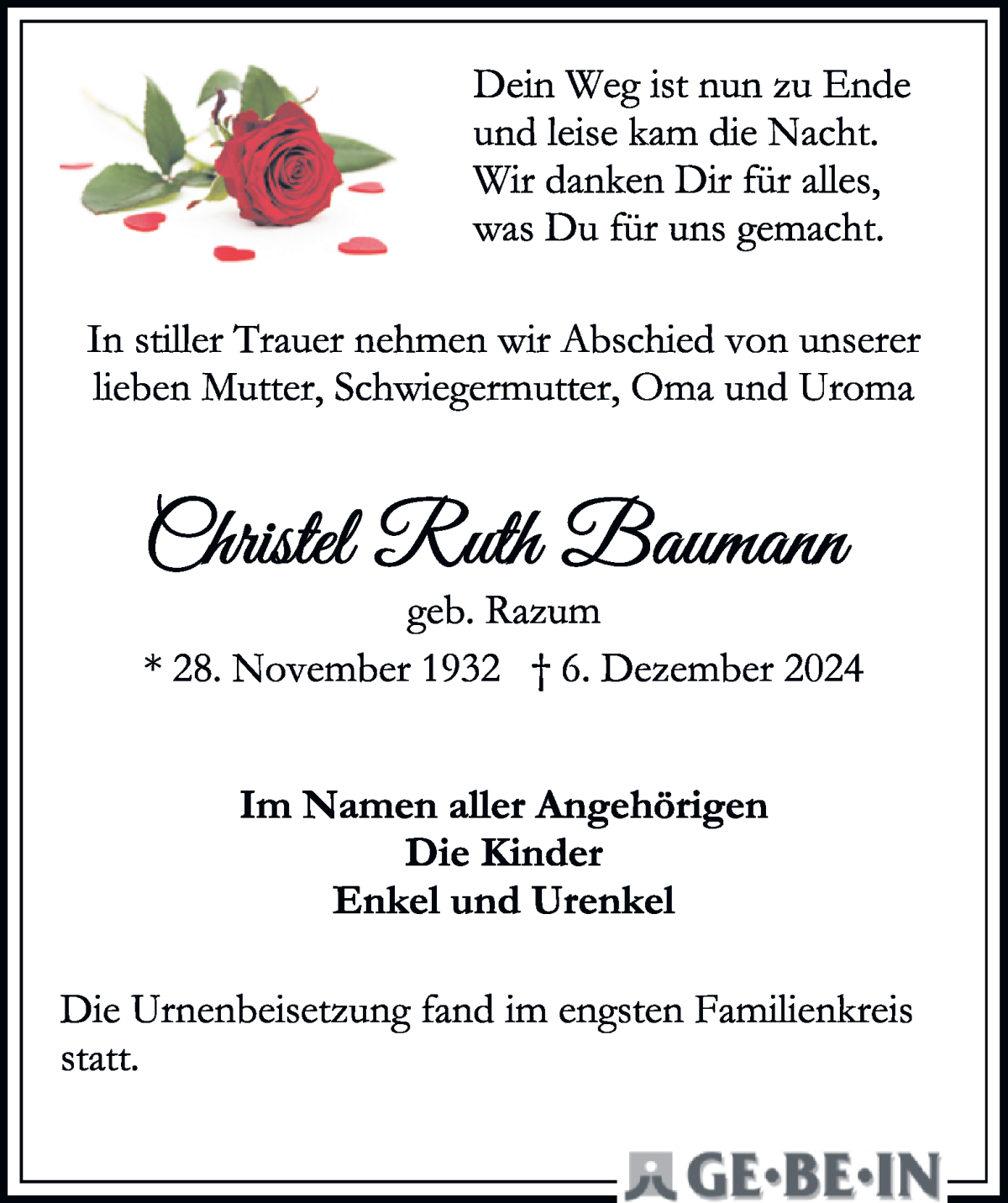 Traueranzeige von Christel Ruth Baumann von WESER-KURIER