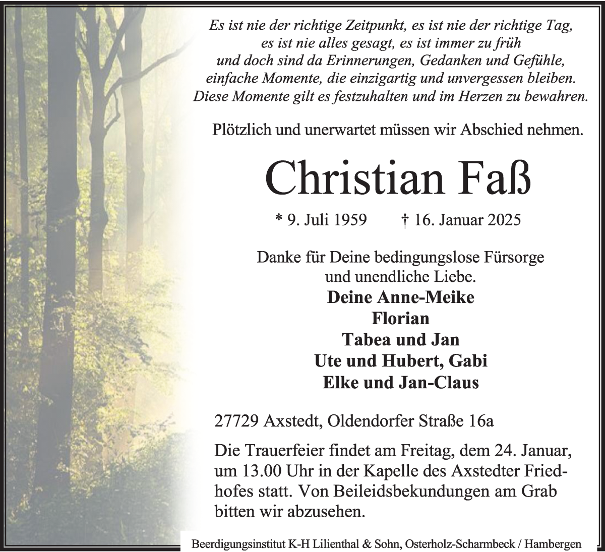 Traueranzeige von Christian Faß von Osterholzer Kreisblatt