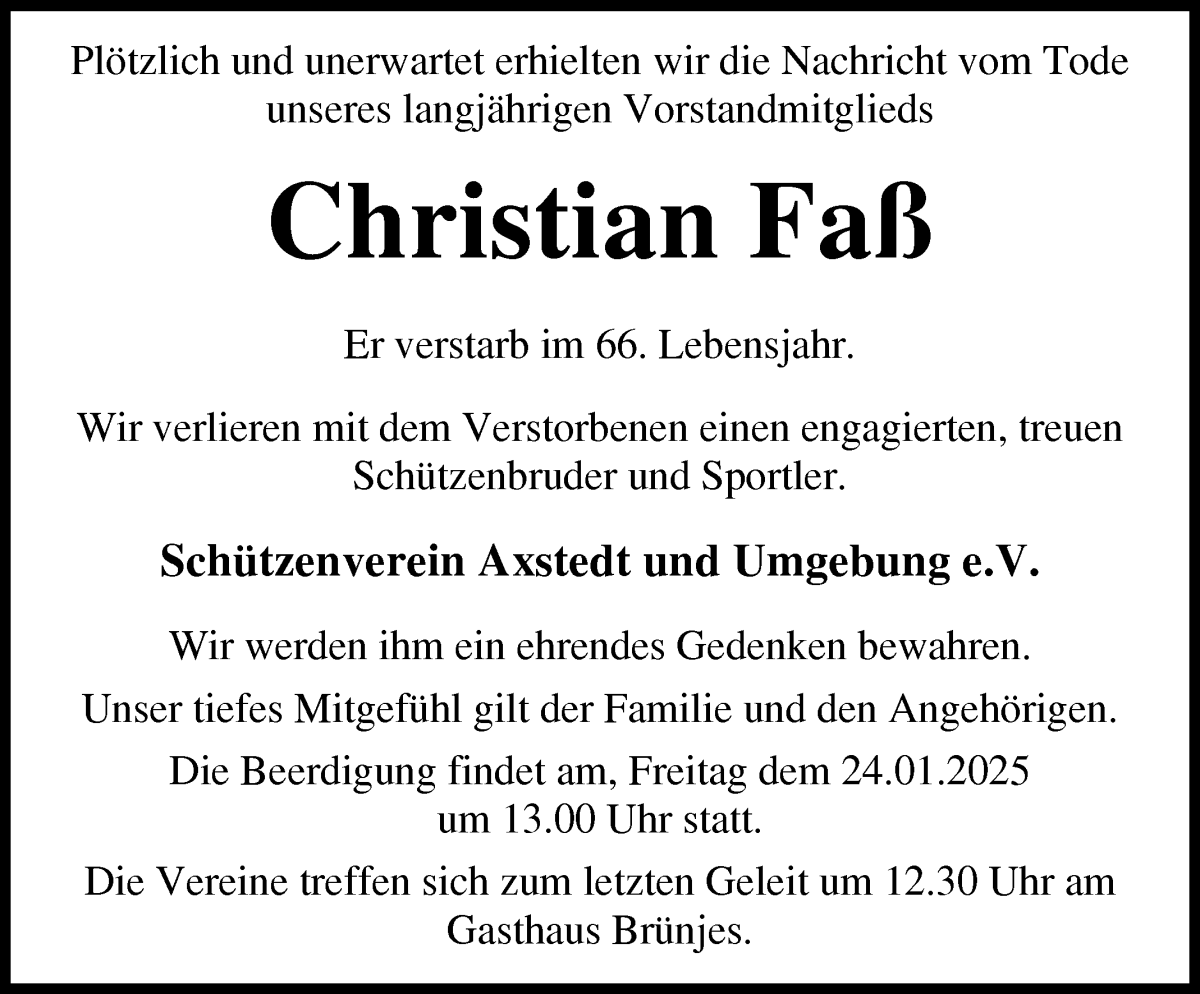 Traueranzeige von Christian Faß von Osterholzer Kreisblatt