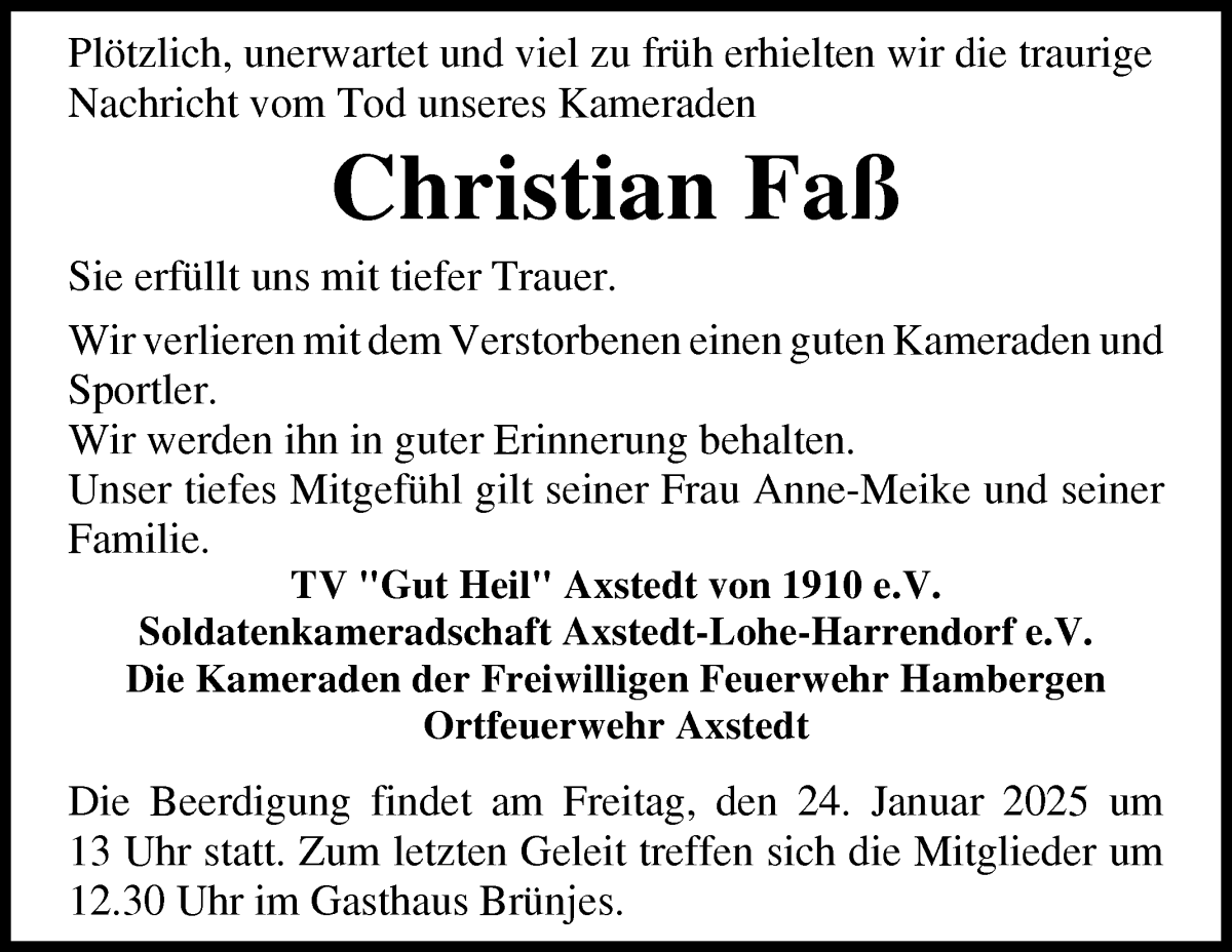 Traueranzeige von Christian Faß von Osterholzer Kreisblatt