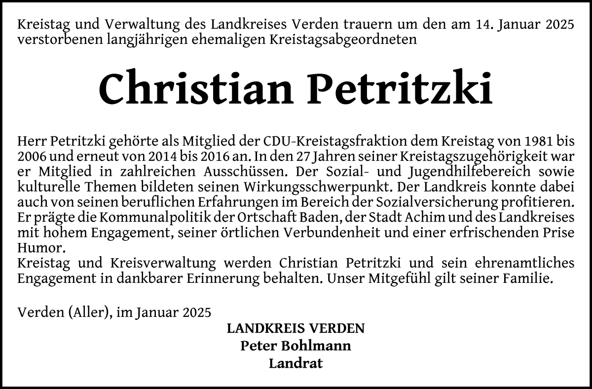 Traueranzeige von Christian Petritzki von Achimer Kurier/Verdener Nachrichten