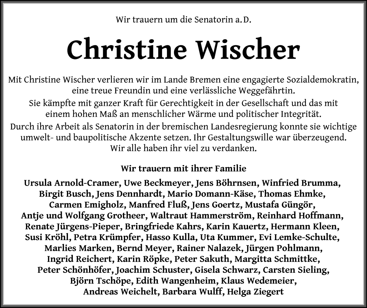 Traueranzeige von Christine Wischer von WESER-KURIER