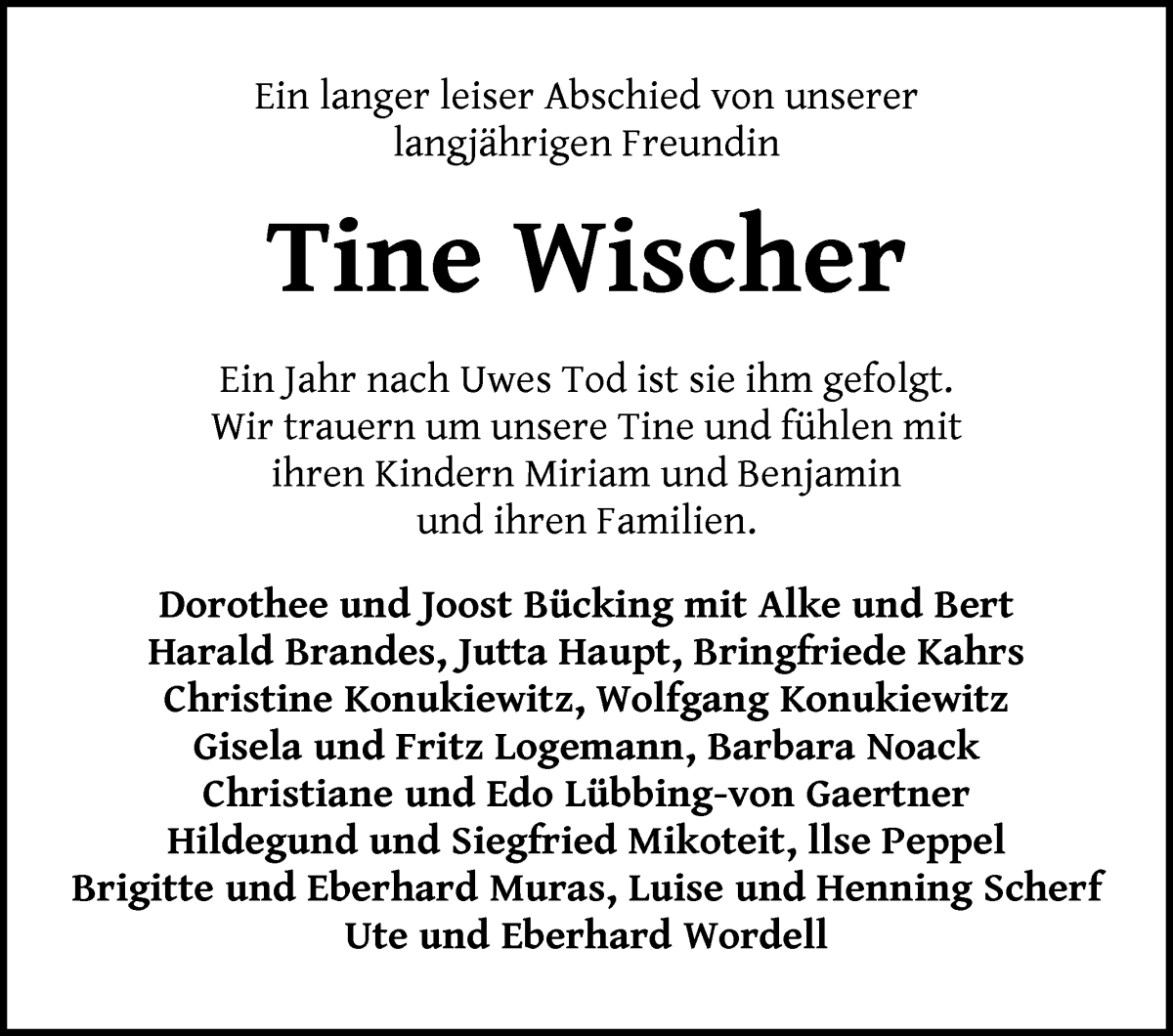 Traueranzeige von Christine Wischer von WESER-KURIER