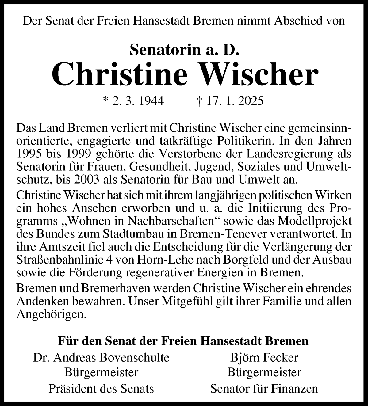 Traueranzeige von Christine Wischer von WESER-KURIER