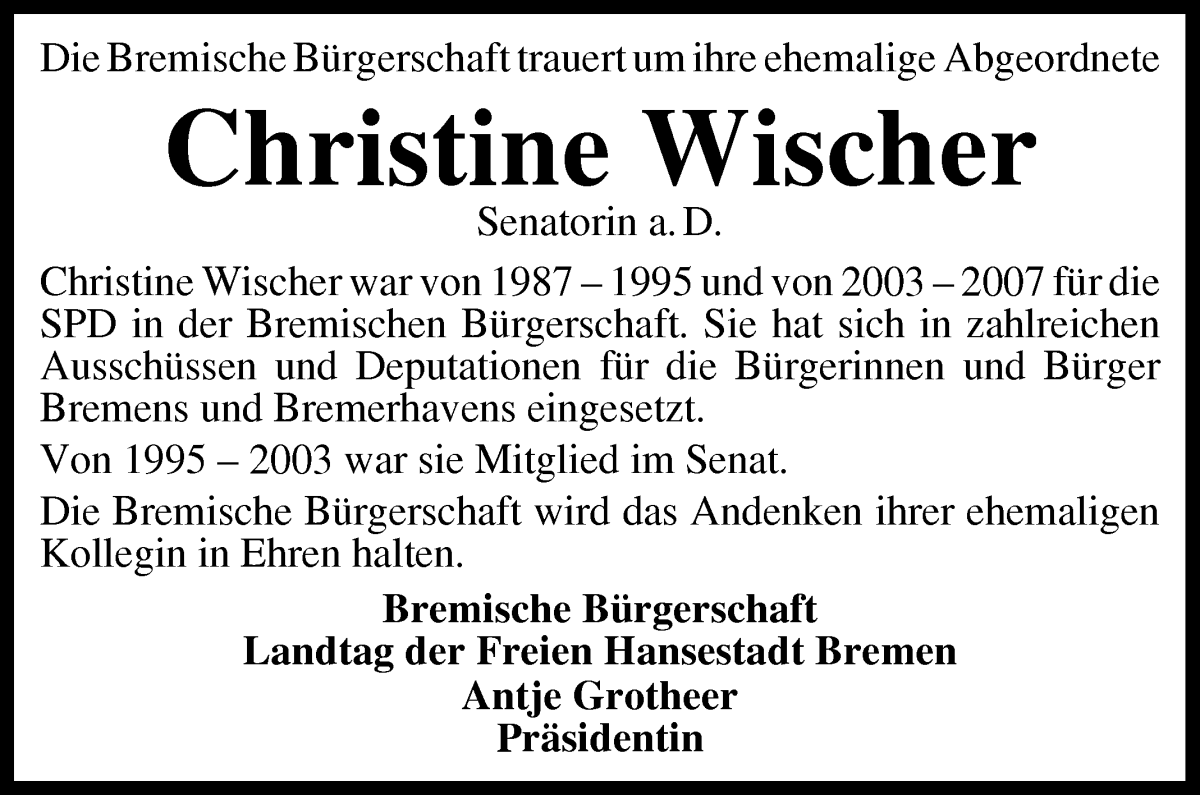 Traueranzeige von Christine Wischer von WESER-KURIER