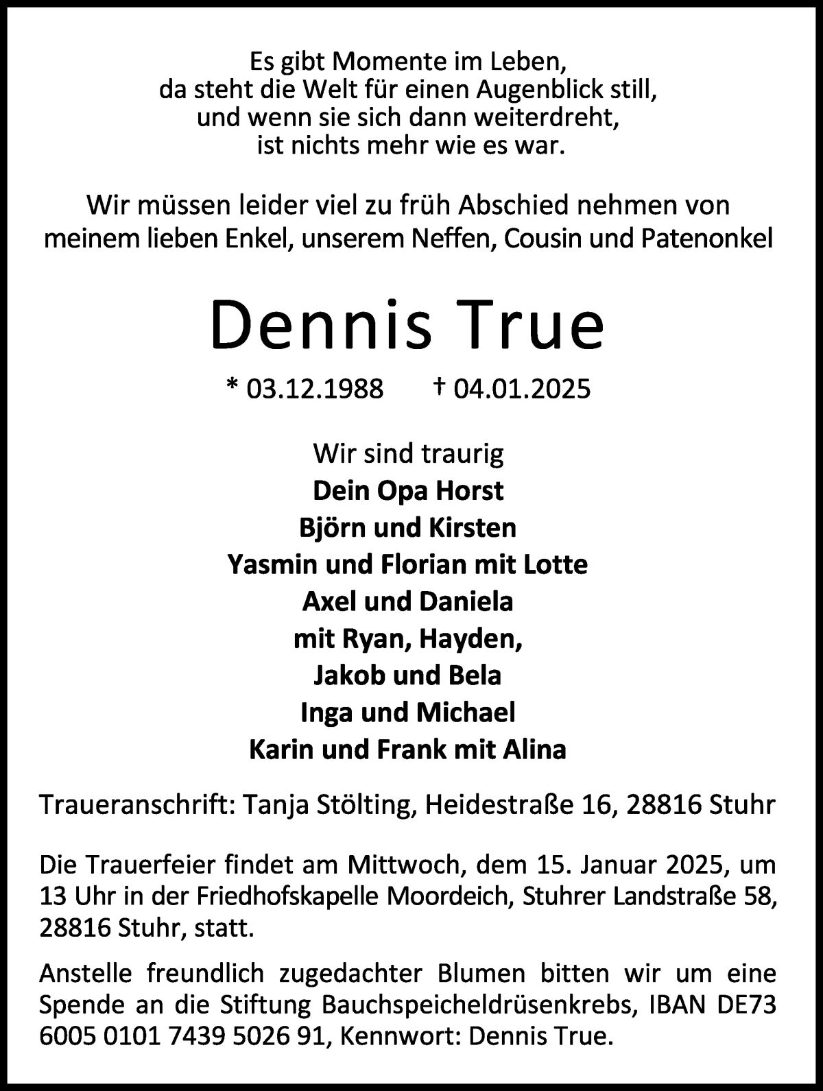 Traueranzeige von Dennis True von WESER-KURIER