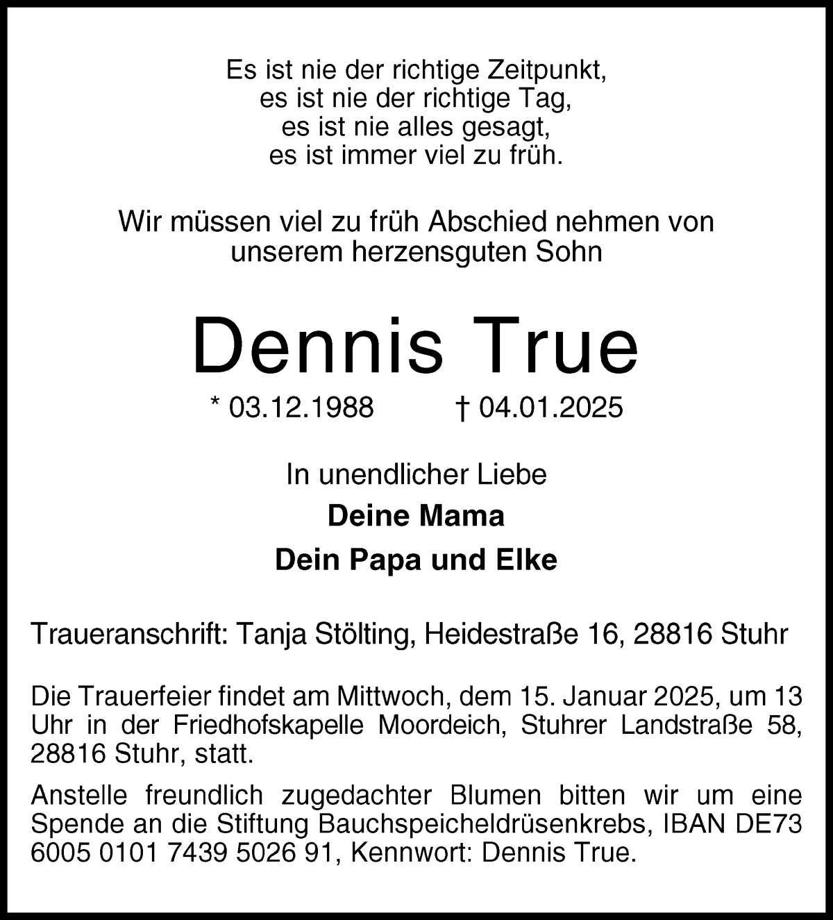 Traueranzeige von Dennis True von WESER-KURIER