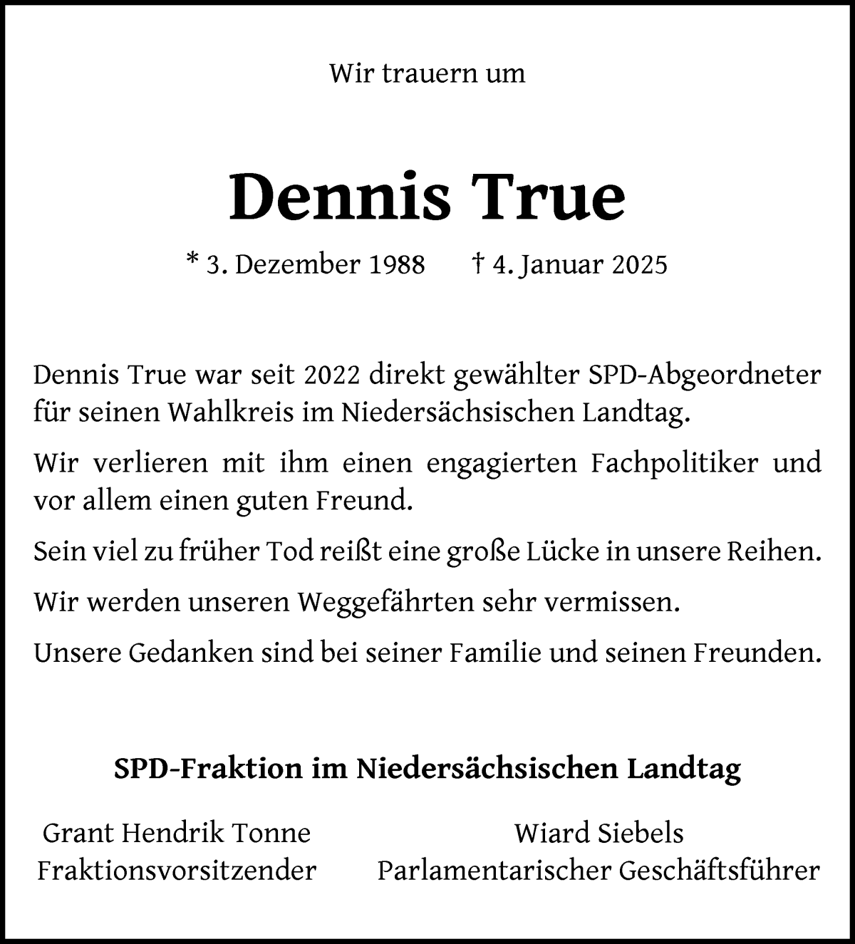 Traueranzeige von Dennis True von WESER-KURIER