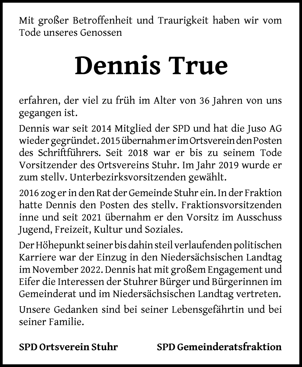 Traueranzeige von Dennis True von Regionale Rundschau/Syker Kurier