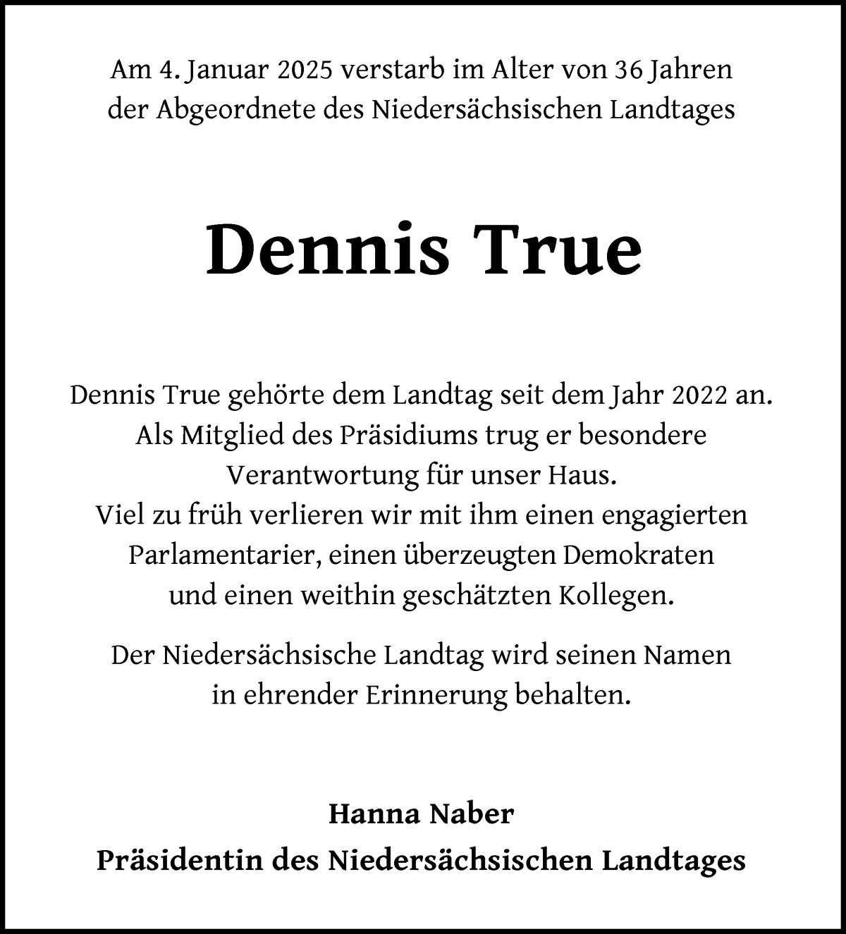 Traueranzeige von Dennis True von WESER-KURIER