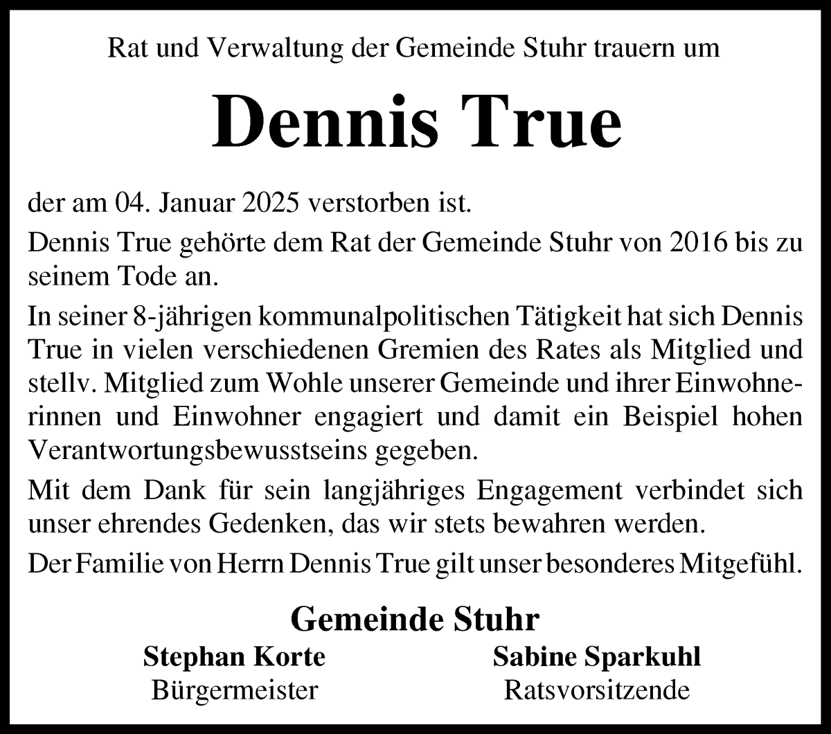 Traueranzeige von Dennis True von Regionale Rundschau/Syker Kurier