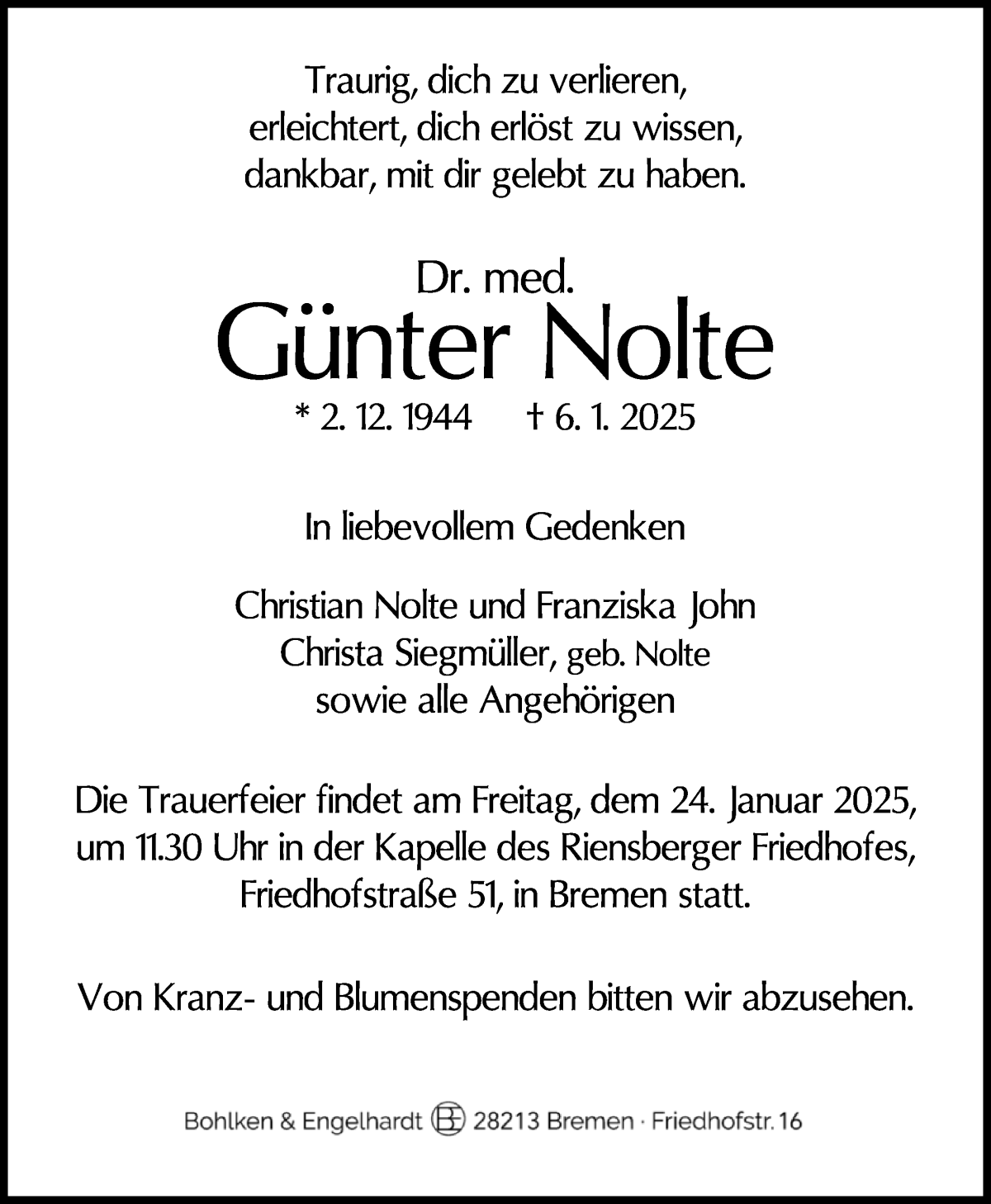 Traueranzeige von Dr. med. Günter Nolte von WESER-KURIER